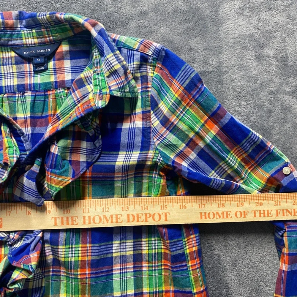 Ralph Lauren Button Down Shirt Girls 14 Plaid Ruffle Multi Color Cotton